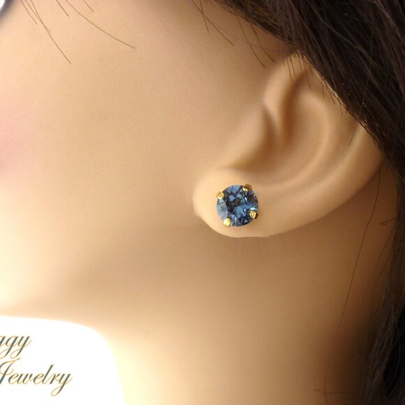 Austrian Crystal Earrings, 8mm Denim Blue, Round Solitaire Studs or Drops - Picture 6 of 7